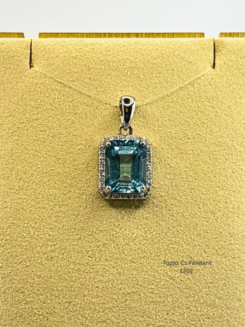 925 Silver Blue Topaz CZ Halo Pendant Emerald Cut Statement Jewelry Gift